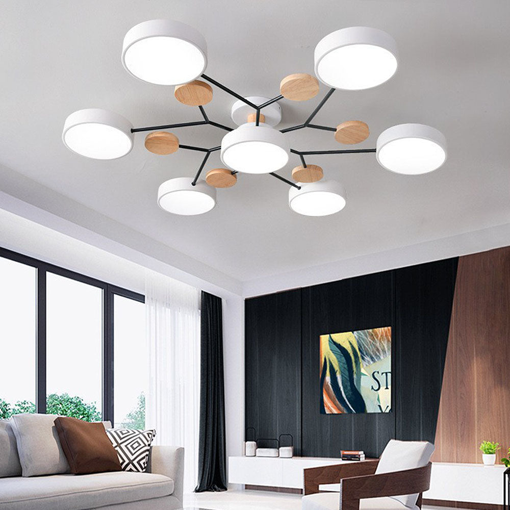 Modern LED Ceiling Light Fixture – Black Round Ceiling Light with Wood Accents