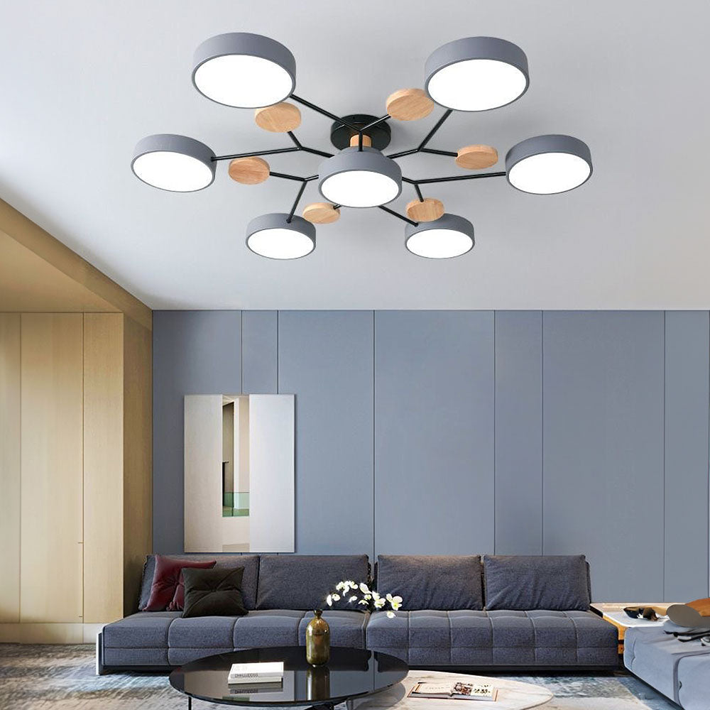 Modern LED Ceiling Light Fixture – Black Round Ceiling Light with Wood Accents