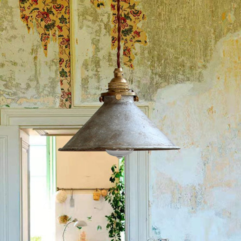 Vintage Pendant Light Fixture – Rustic Metal Cone Hanging Ceiling Light
