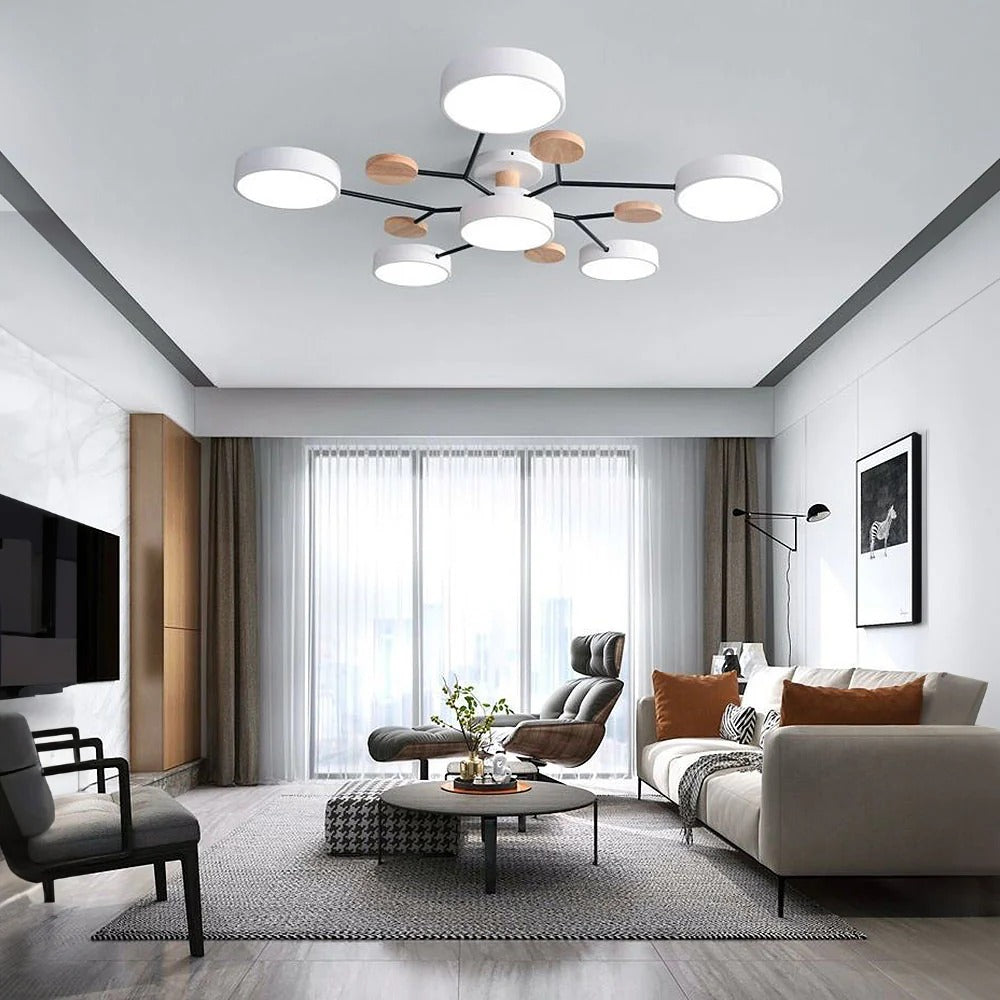 Modern LED Semi-Flush Mount Ceiling Light Fixture – Round Ceiling Light with Wood Accents