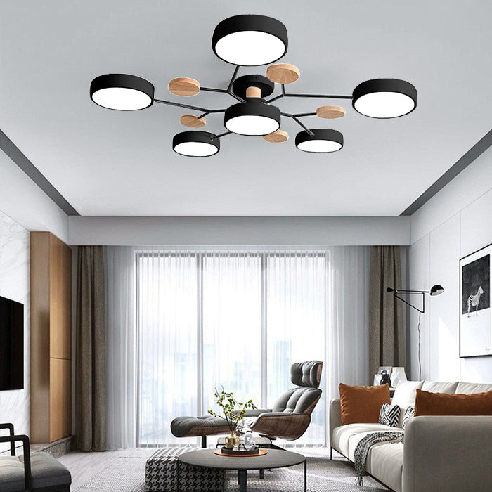 Modern LED Ceiling Light Fixture – Black Round Ceiling Light with Wood Accents