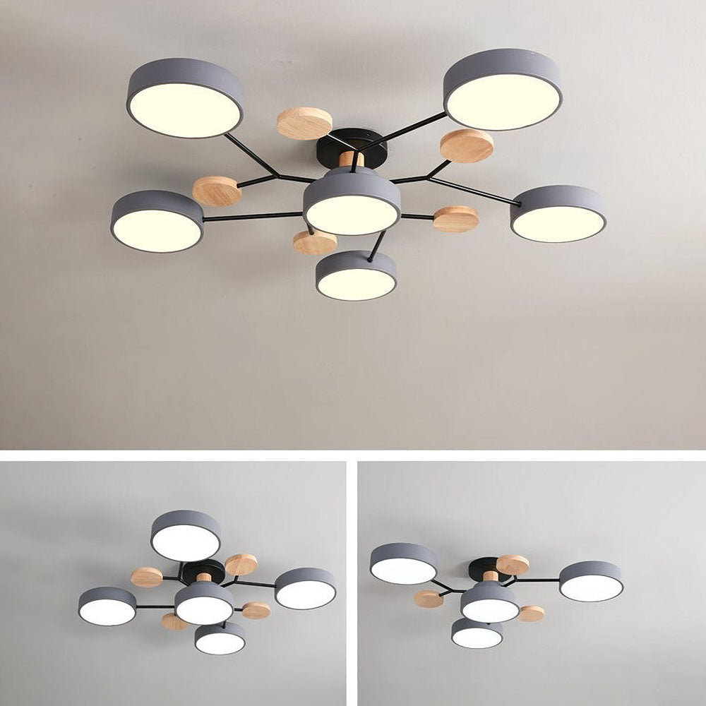 Modern LED Ceiling Light Fixture – Black Round Ceiling Light with Wood Accents
