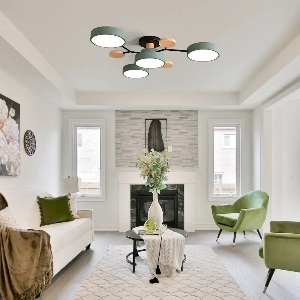Modern LED Semi-Flush Mount Ceiling Light Fixture – Round Ceiling Light with Wood Accents