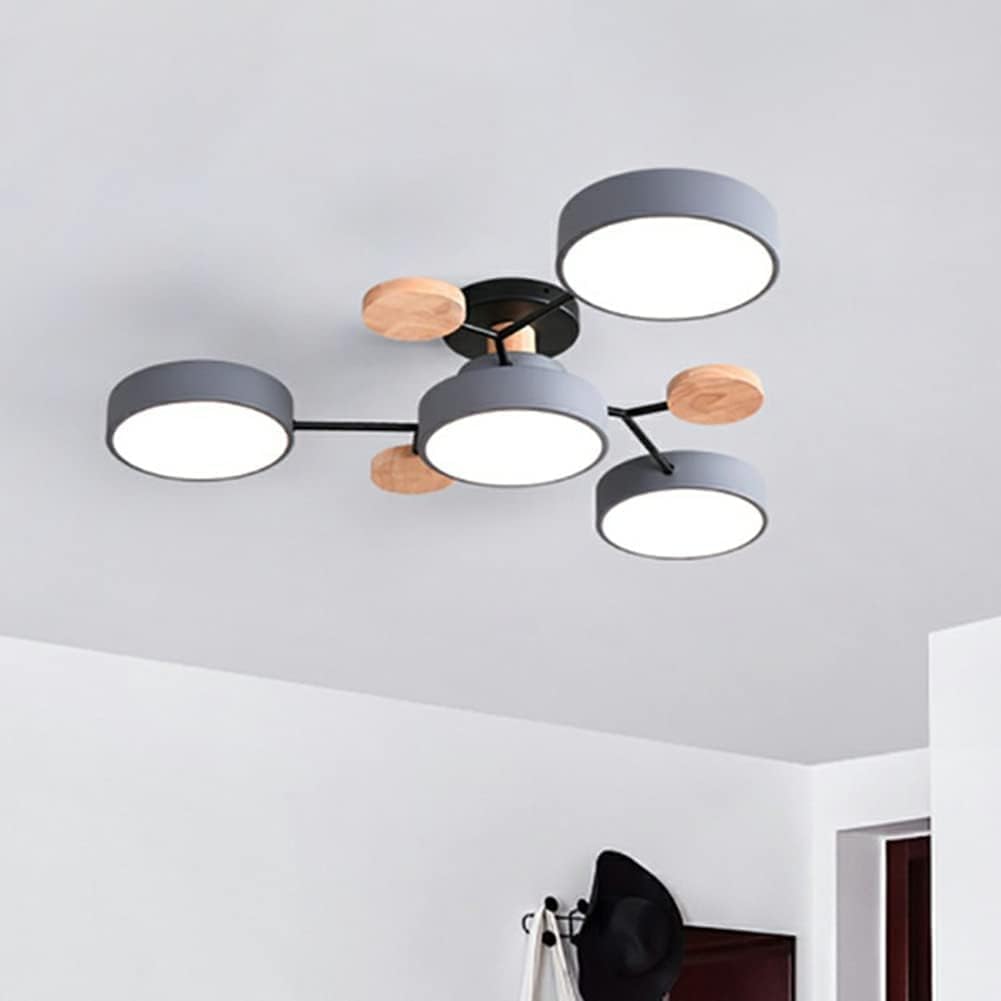 Modern LED Ceiling Light Fixture – Black Round Ceiling Light with Wood Accents