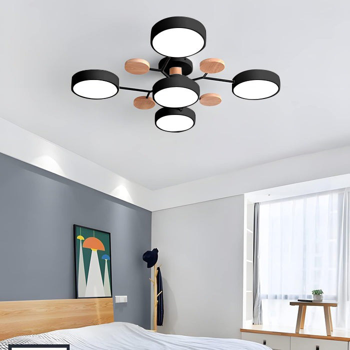 Modern LED Ceiling Light Fixture – Black Round Ceiling Light with Wood Accents