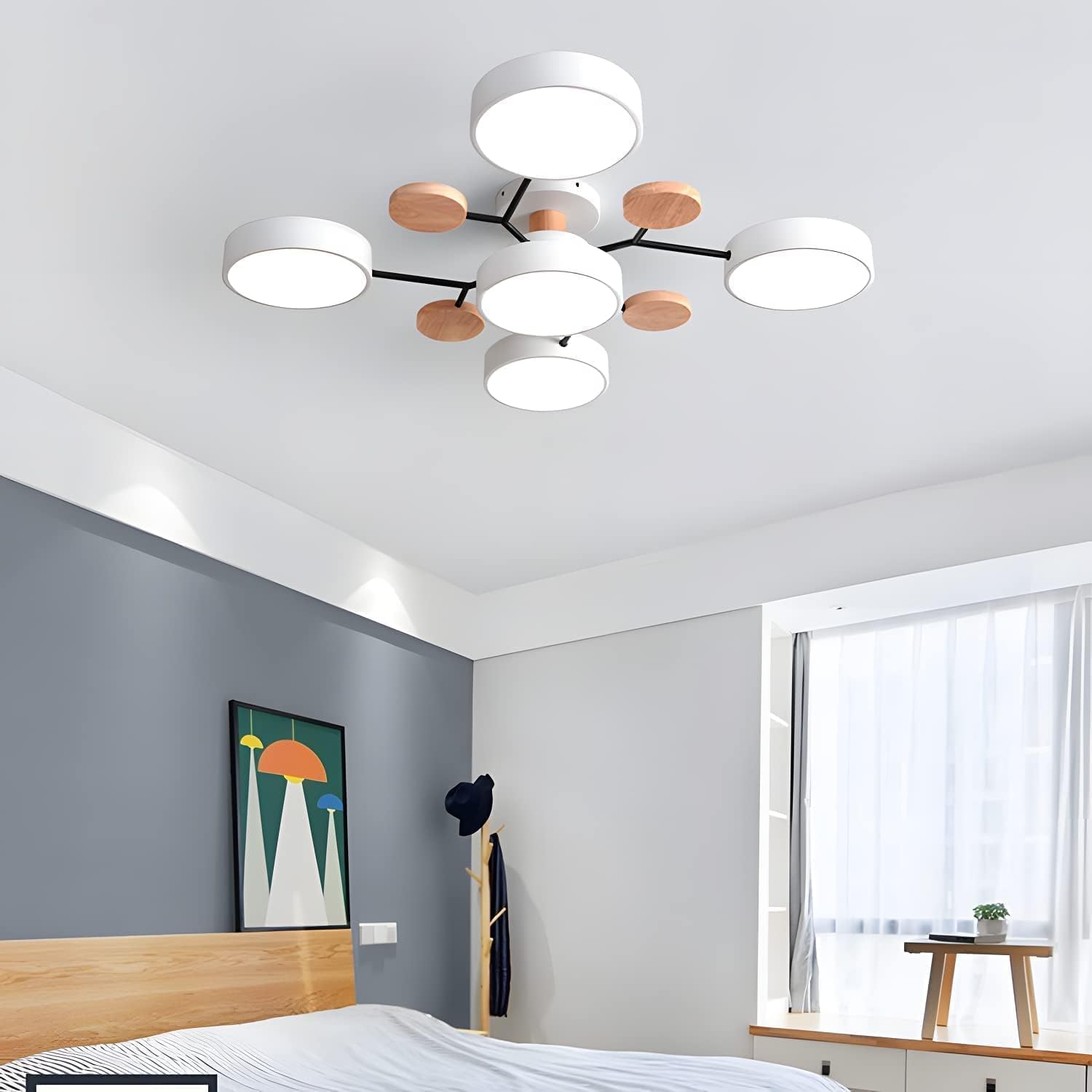 Modern LED Ceiling Light Fixture – Black Round Ceiling Light with Wood Accents