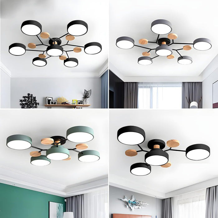 Modern LED Ceiling Light Fixture – Black Round Ceiling Light with Wood Accents