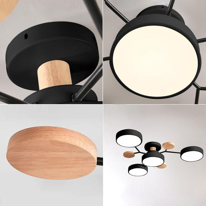 Modern LED Ceiling Light Fixture – Black Round Ceiling Light with Wood Accents
