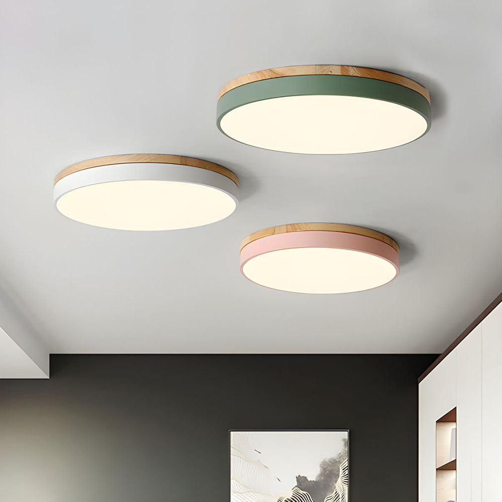 Flush Mount Ceiling Light Fixture – Round LED Ceiling Light with Wood Trim