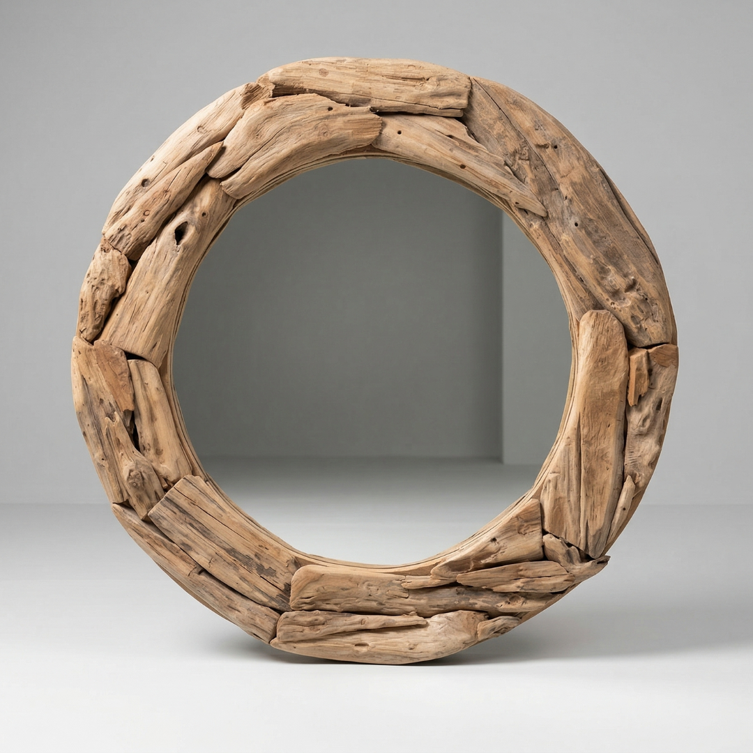 Natural Driftwood Round Wall Mirror – Rustic Wooden Accent Mirror