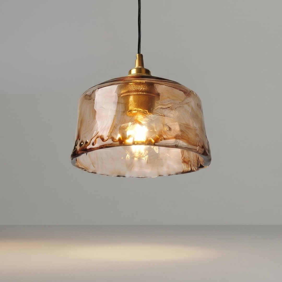 Amber Glass Pendant Light Fixture – Vintage Brass-Tone Hanging Ceiling Light