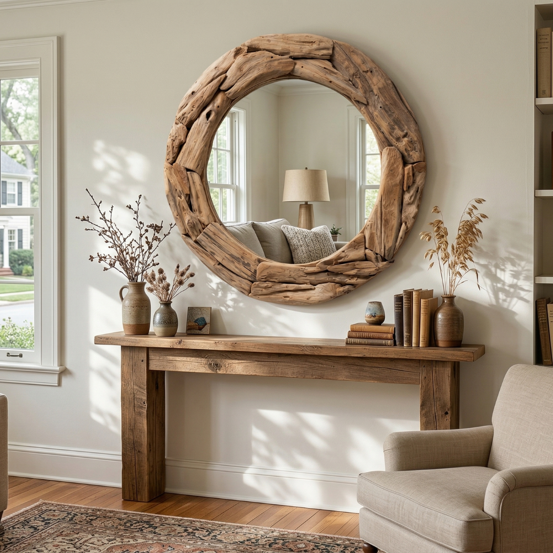 Natural Driftwood Round Wall Mirror – Rustic Wooden Accent Mirror
