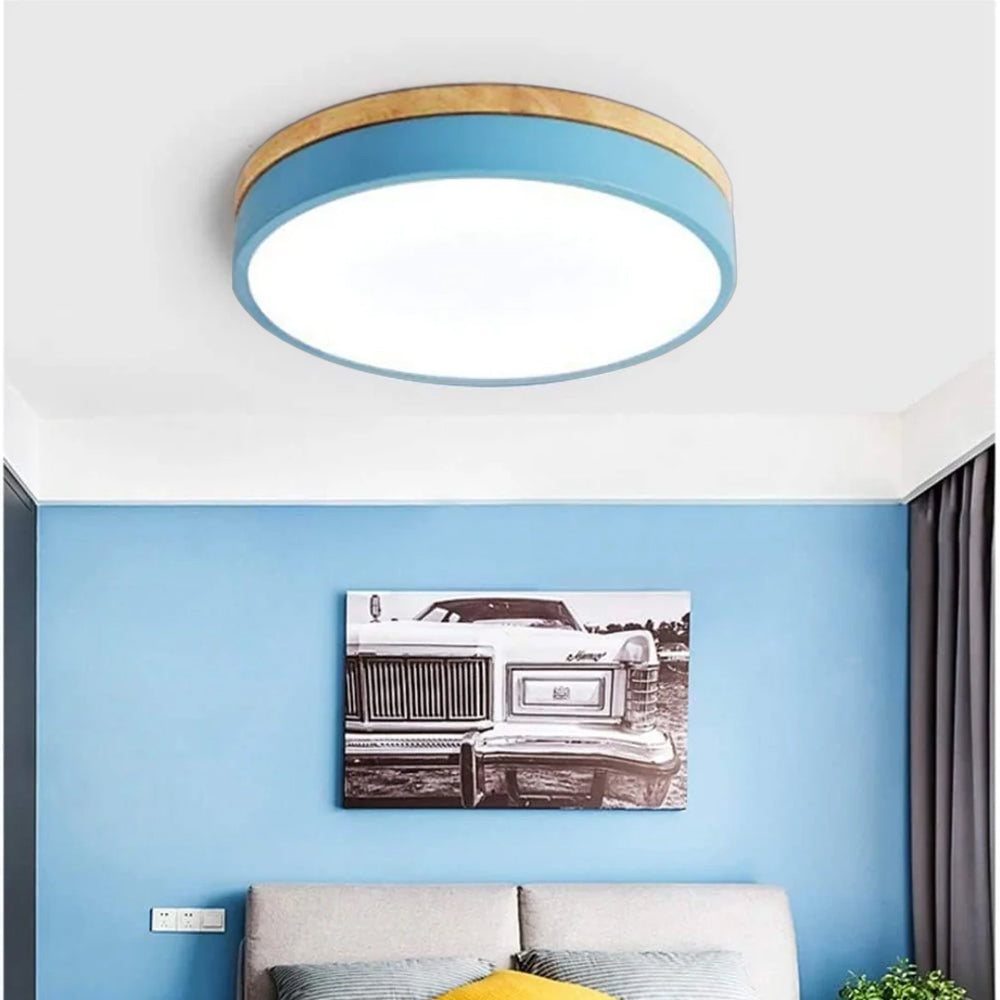 Flush Mount Ceiling Light Fixture – Round LED Ceiling Light with Wood Trim
