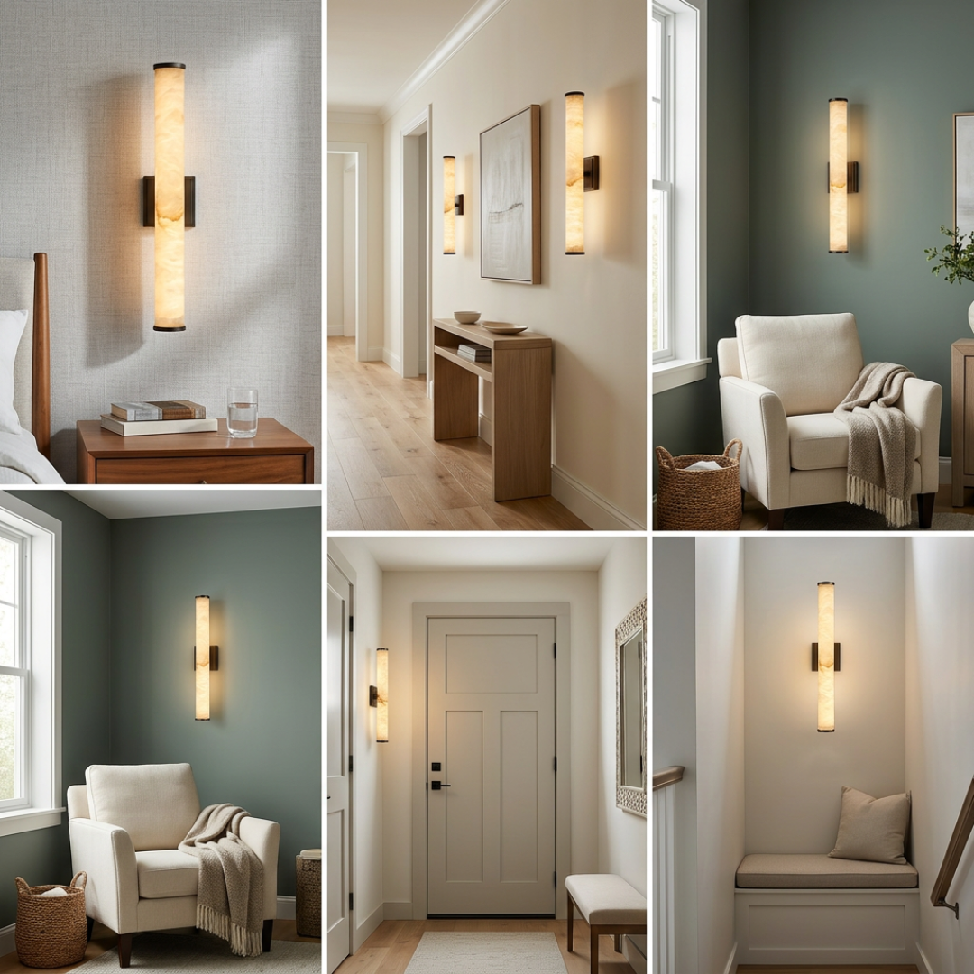 LED Wall Sconce Light Fixture – Marble-Effect Cylinder Wall Light