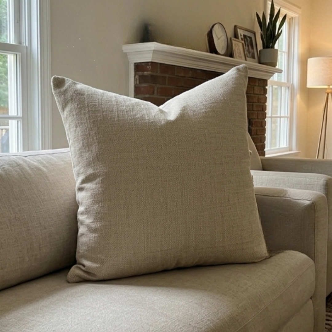 Ivory Linen-Look Throw Pillow – Square Decorative Cushion