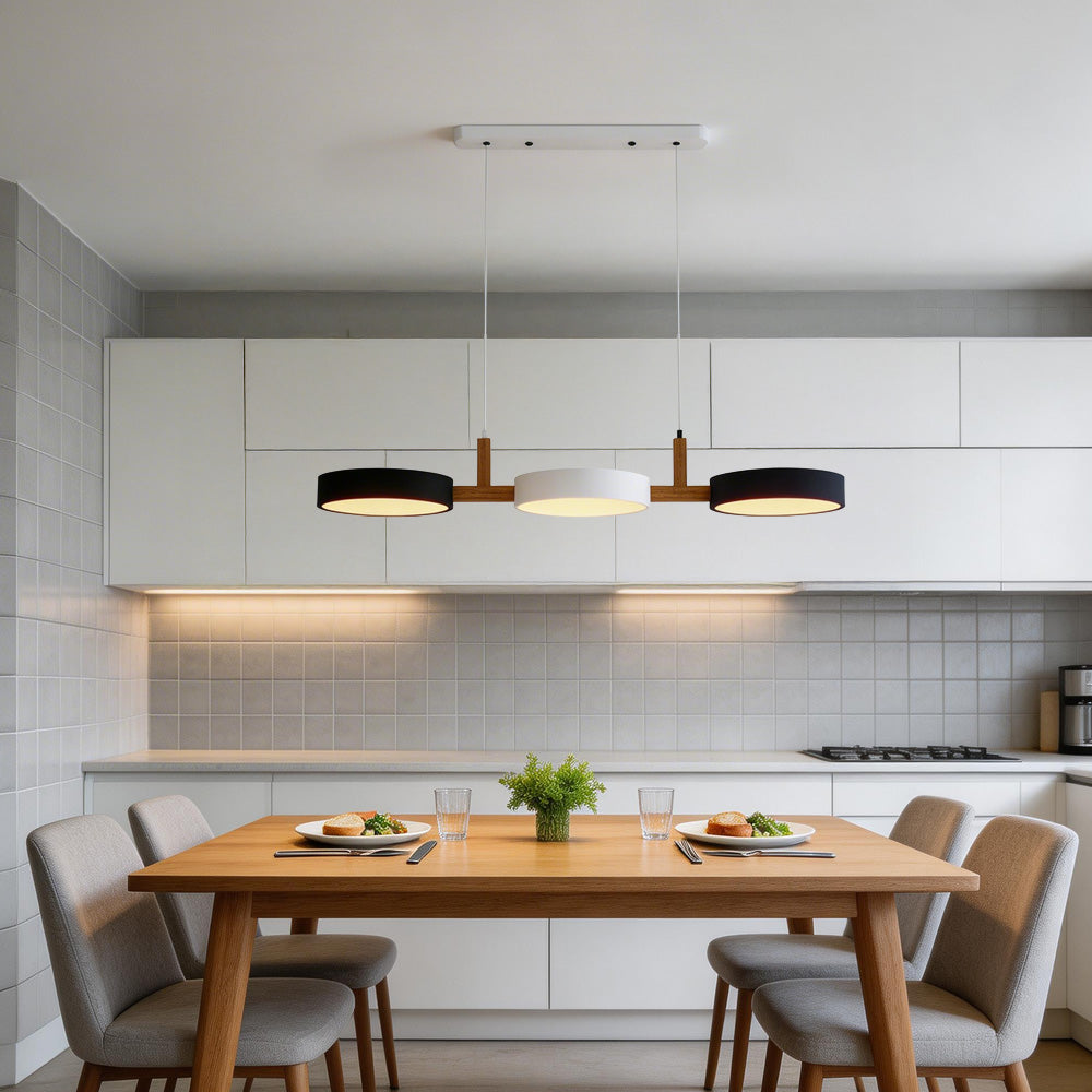 Linear Pendant Light Fixture – Modern Multi-Light LED Ceiling Light with Wood Accents