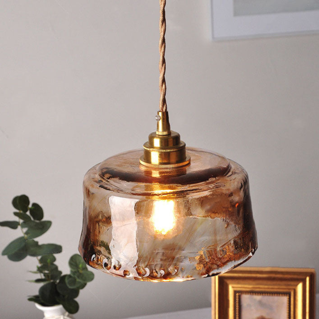 Amber Glass Pendant Light Fixture – Vintage Brass-Tone Hanging Ceiling Light