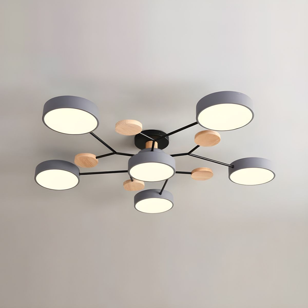 Modern LED Ceiling Light Fixture – Black Round Ceiling Light with Wood Accents