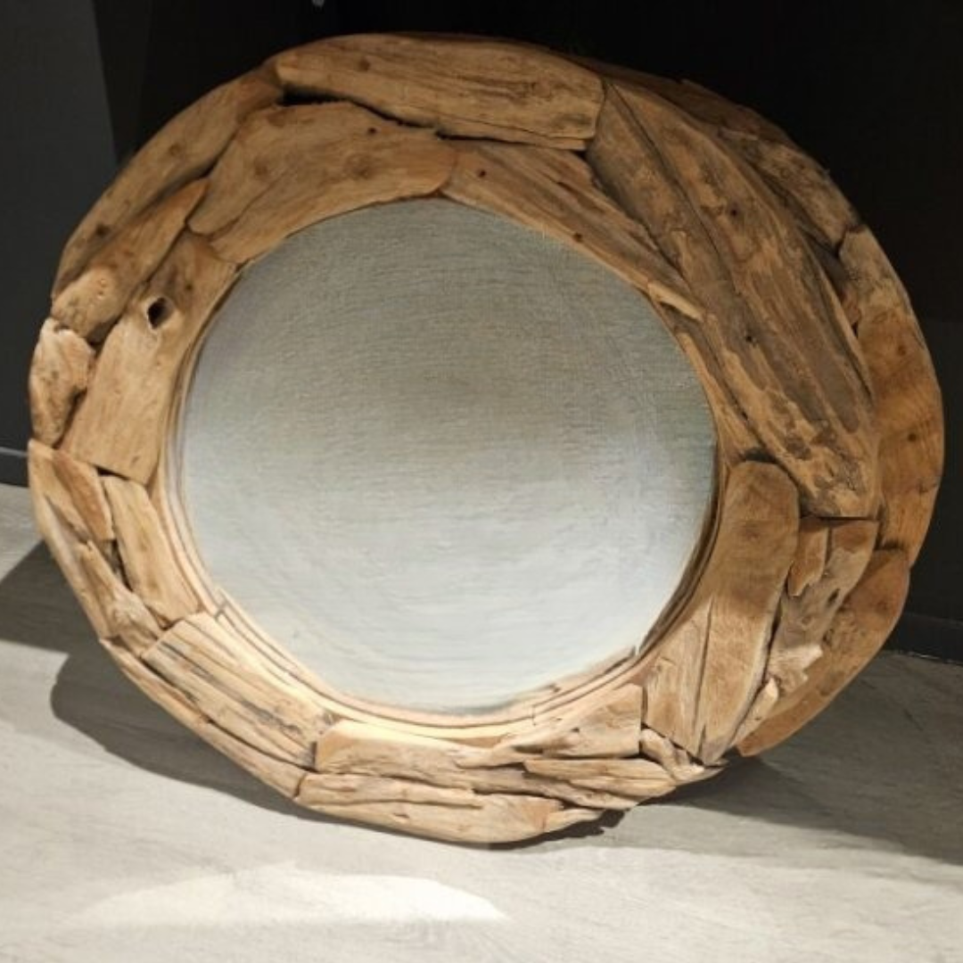 Natural Driftwood Round Wall Mirror – Rustic Wooden Accent Mirror
