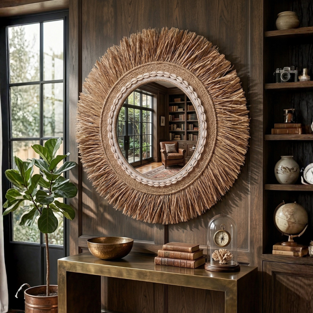 Natural Sunburst Wall Mirror – Boho Woven Decorative Mirror