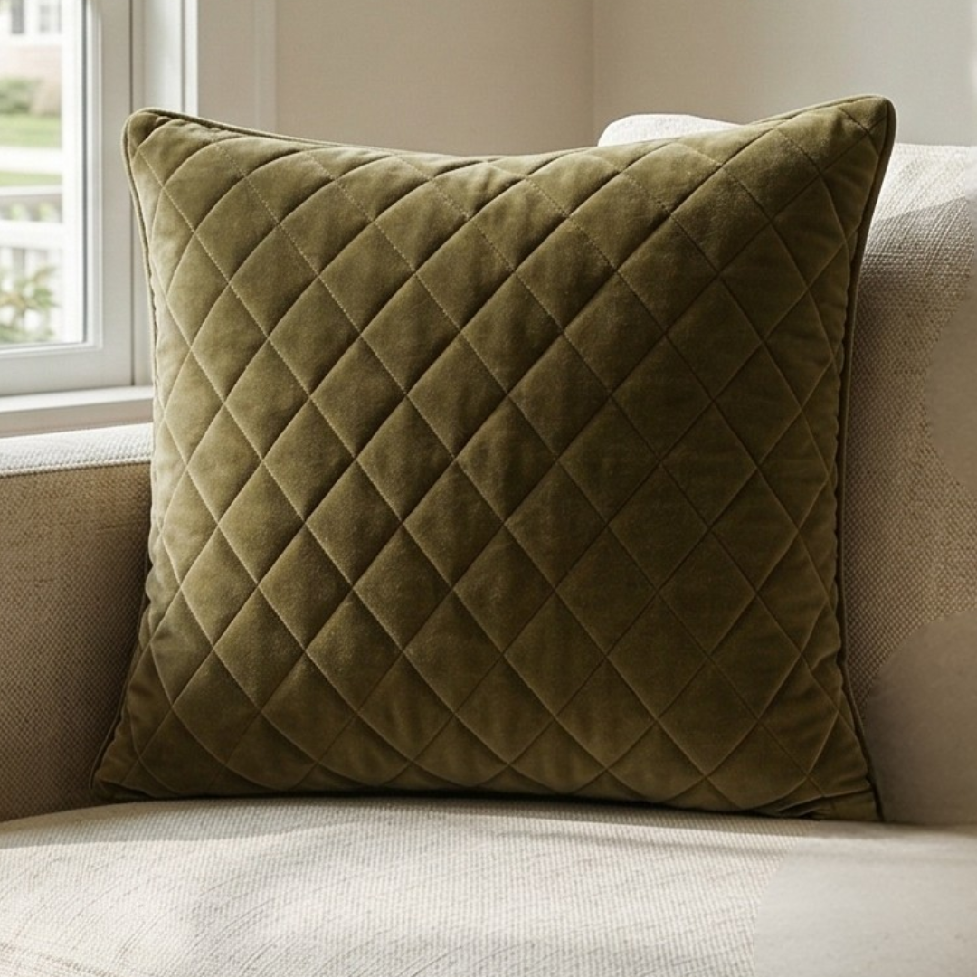 Olive Green Quilted Throw Pillow - Quilted Pillow for a Warm Modern Home