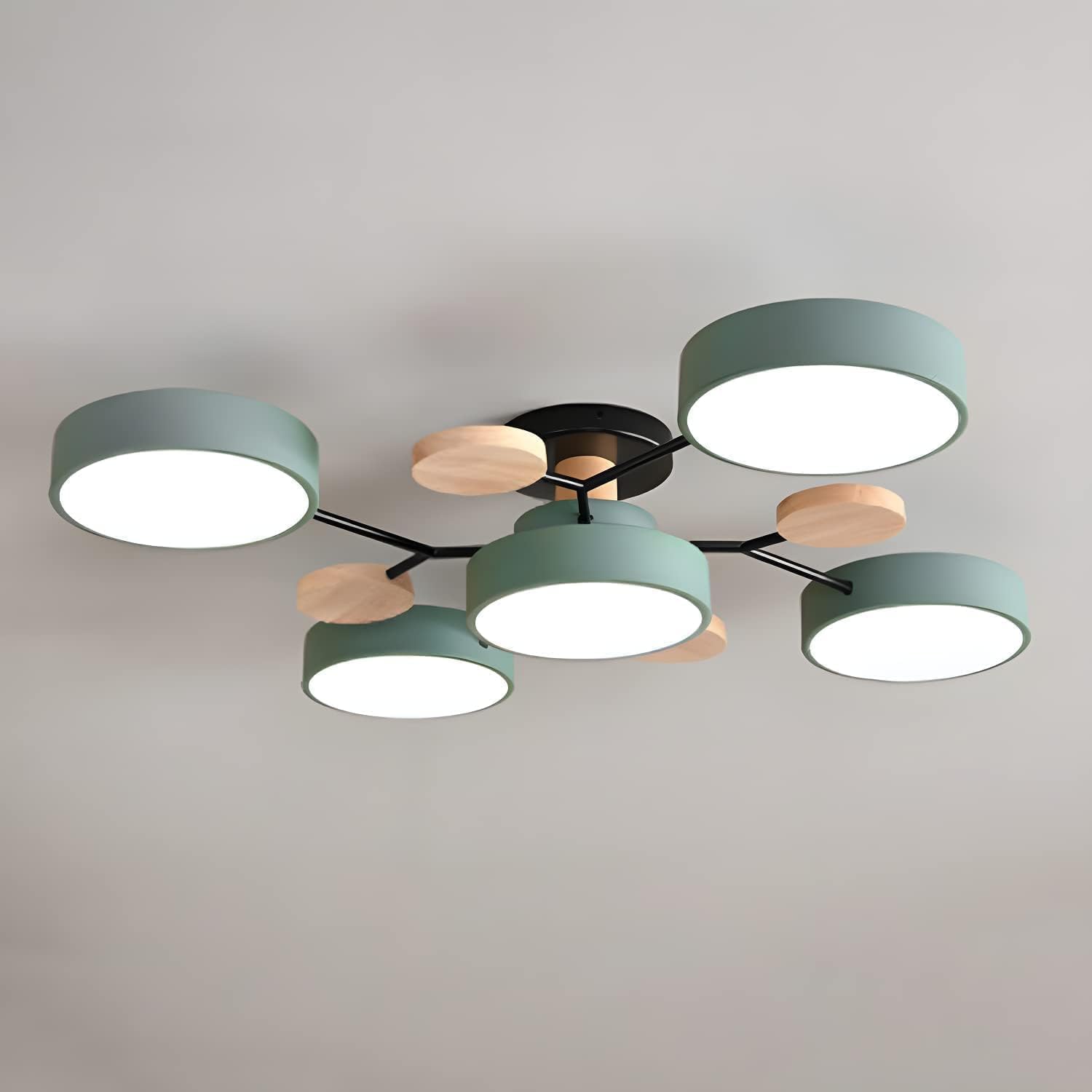 Modern LED Ceiling Light Fixture – Black Round Ceiling Light with Wood Accents