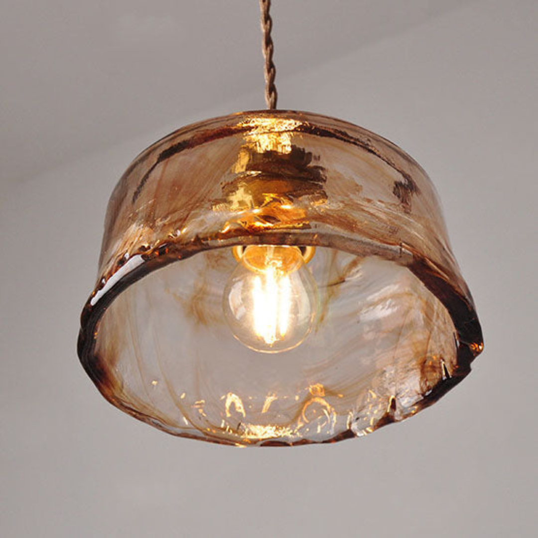Amber Glass Pendant Light Fixture – Vintage Brass-Tone Hanging Ceiling Light