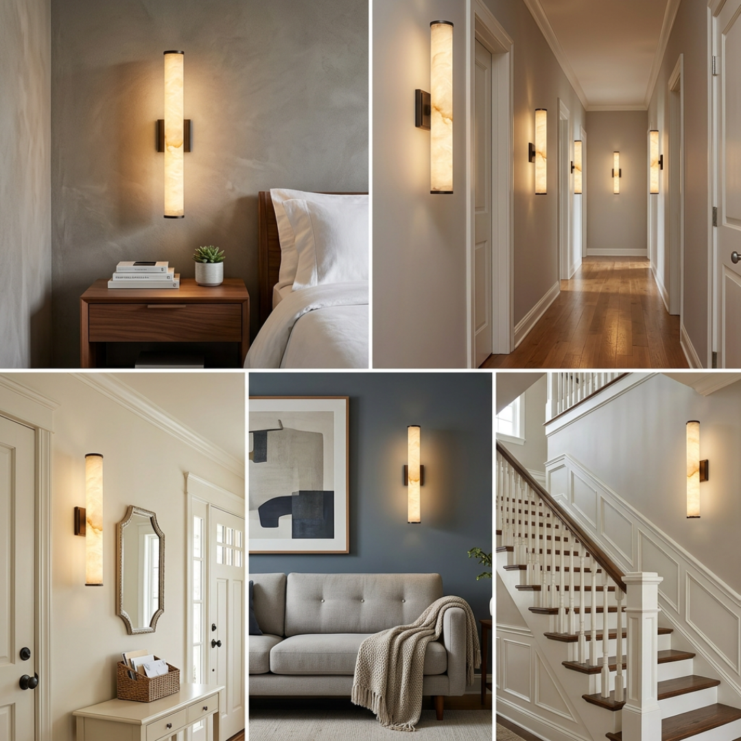 LED Wall Sconce Light Fixture – Marble-Effect Cylinder Wall Light