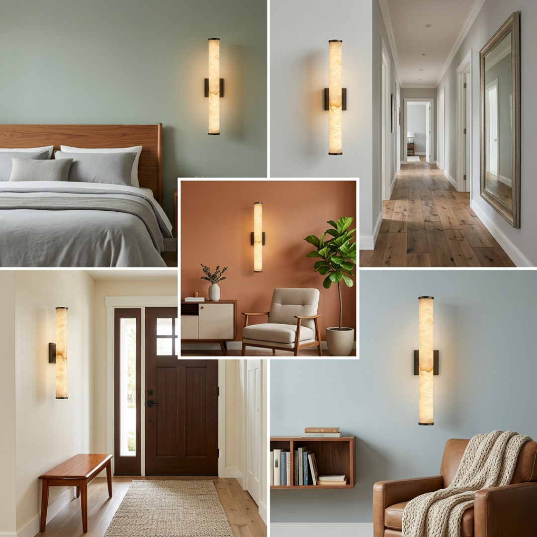 LED Wall Sconce Light Fixture – Marble-Effect Cylinder Wall Light