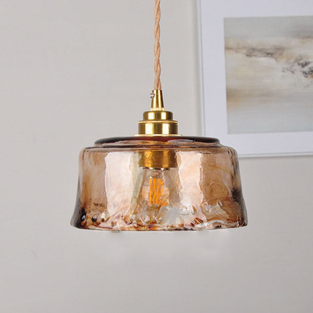 Amber Glass Pendant Light Fixture – Vintage Brass-Tone Hanging Ceiling Light