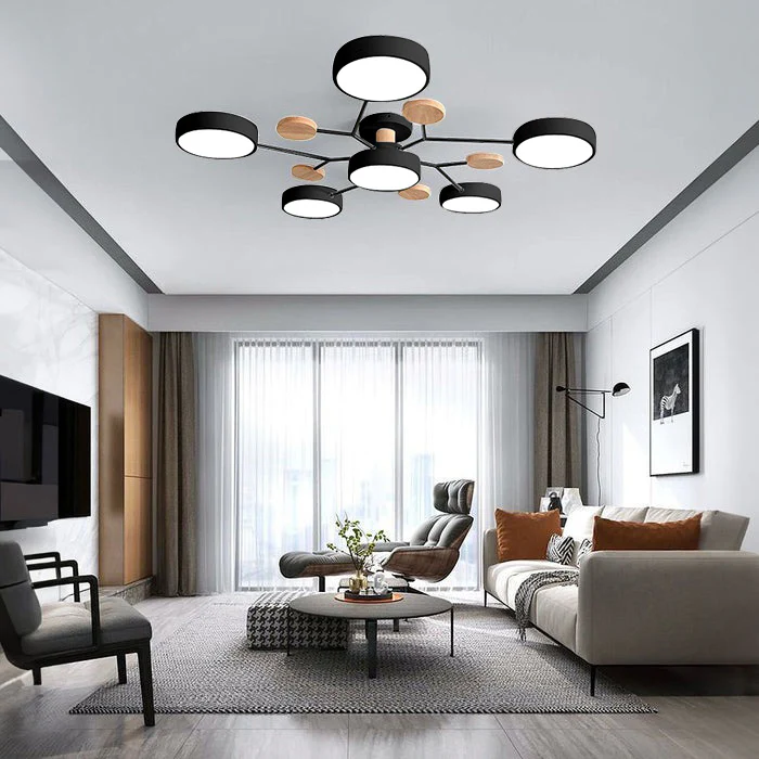 Modern LED Semi-Flush Mount Ceiling Light Fixture – Round Ceiling Light with Wood Accents