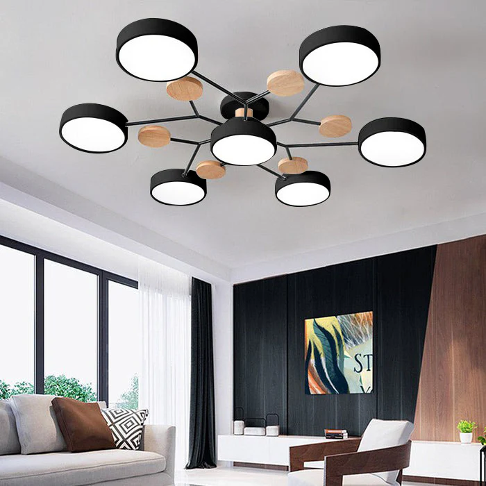 Modern LED Semi-Flush Mount Ceiling Light Fixture – Round Ceiling Light with Wood Accents