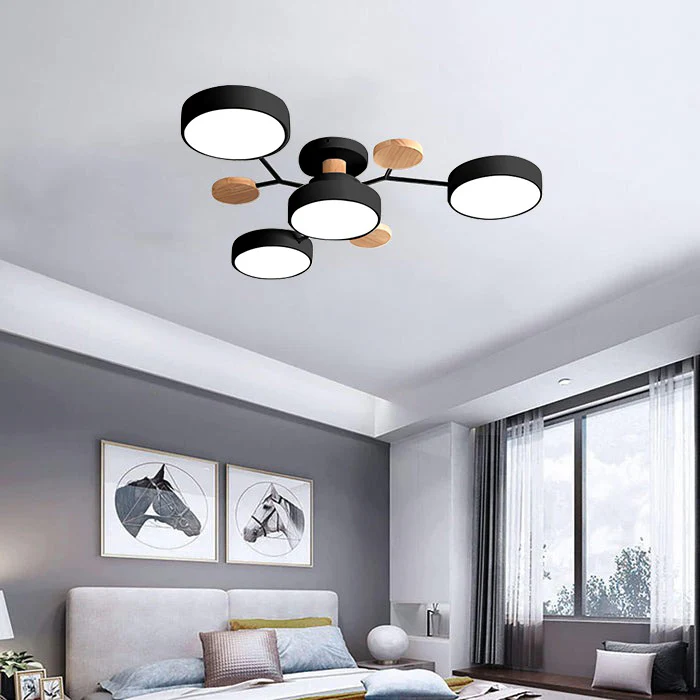 Modern LED Semi-Flush Mount Ceiling Light Fixture – Round Ceiling Light with Wood Accents