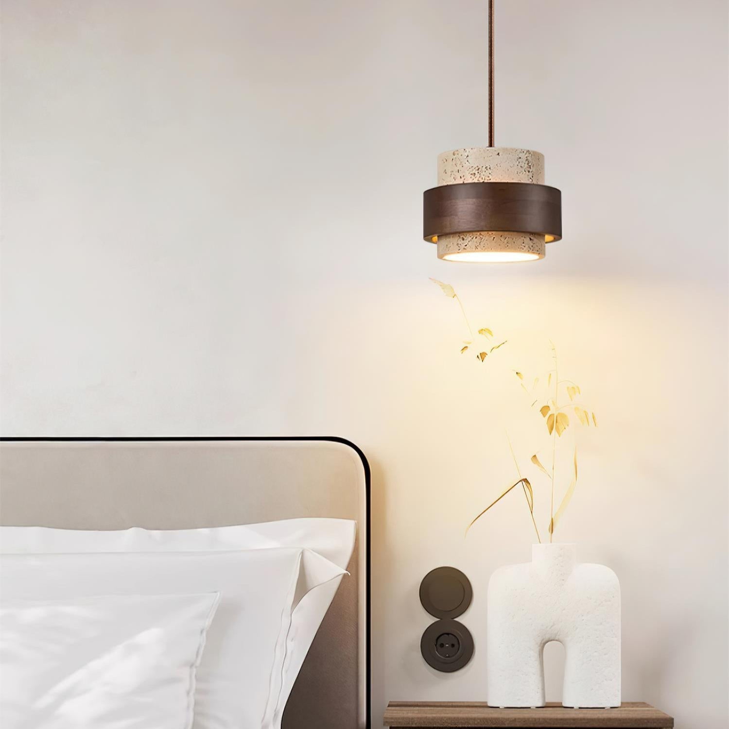 Travertine Pendant Light Fixture – Modern Stone & Walnut Wood Ceiling Light