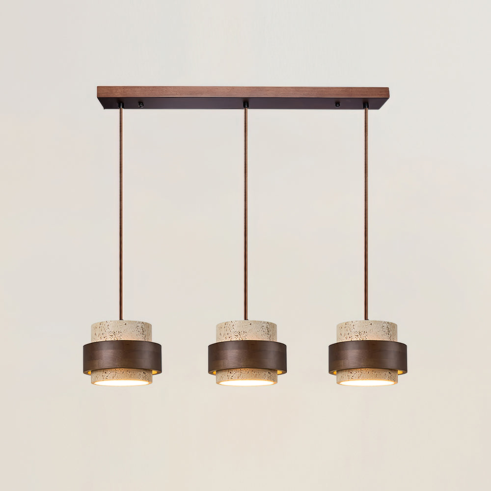 Travertine Pendant Light Fixture – Modern Stone & Walnut Wood Ceiling Light