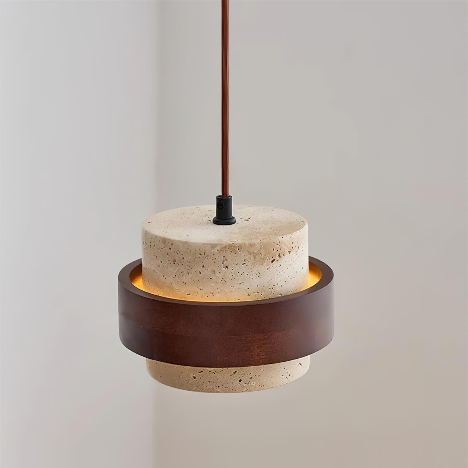 Travertine Pendant Light Fixture – Modern Stone & Walnut Wood Ceiling Light
