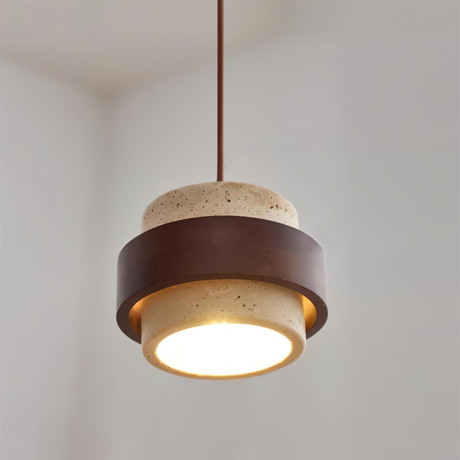 Travertine Pendant Light Fixture – Modern Stone & Walnut Wood Ceiling Light