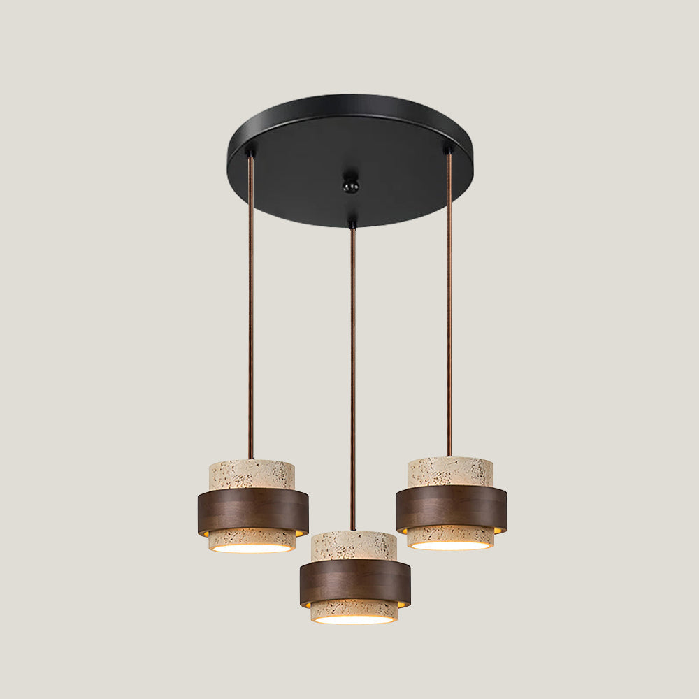 Travertine Pendant Light Fixture – Modern Stone & Walnut Wood Ceiling Light