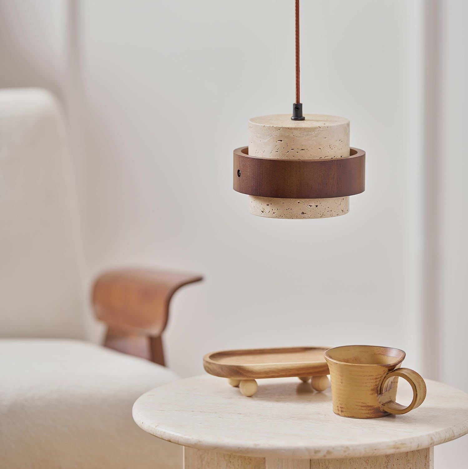 Travertine Pendant Light Fixture – Modern Stone & Walnut Wood Ceiling Light