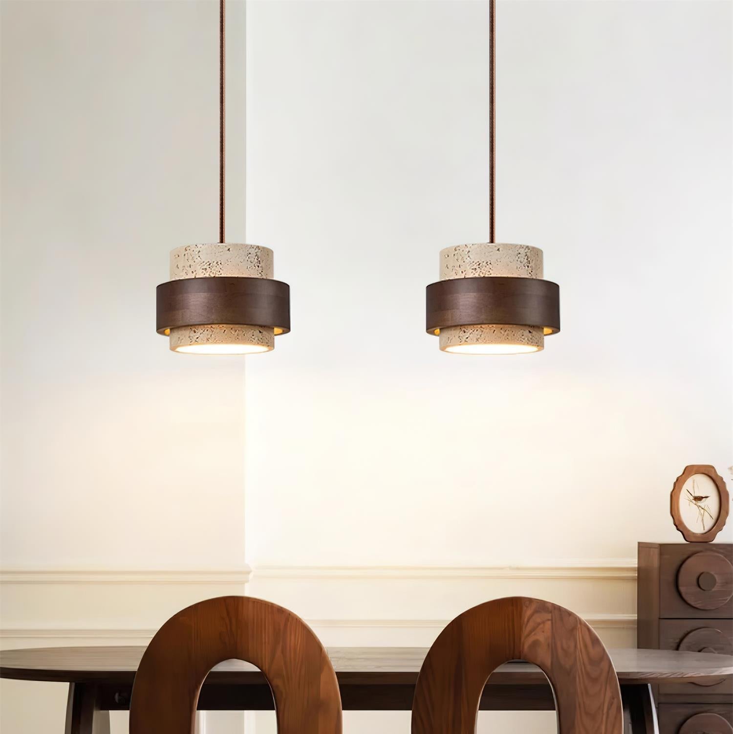 Travertine Pendant Light Fixture – Modern Stone & Walnut Wood Ceiling Light