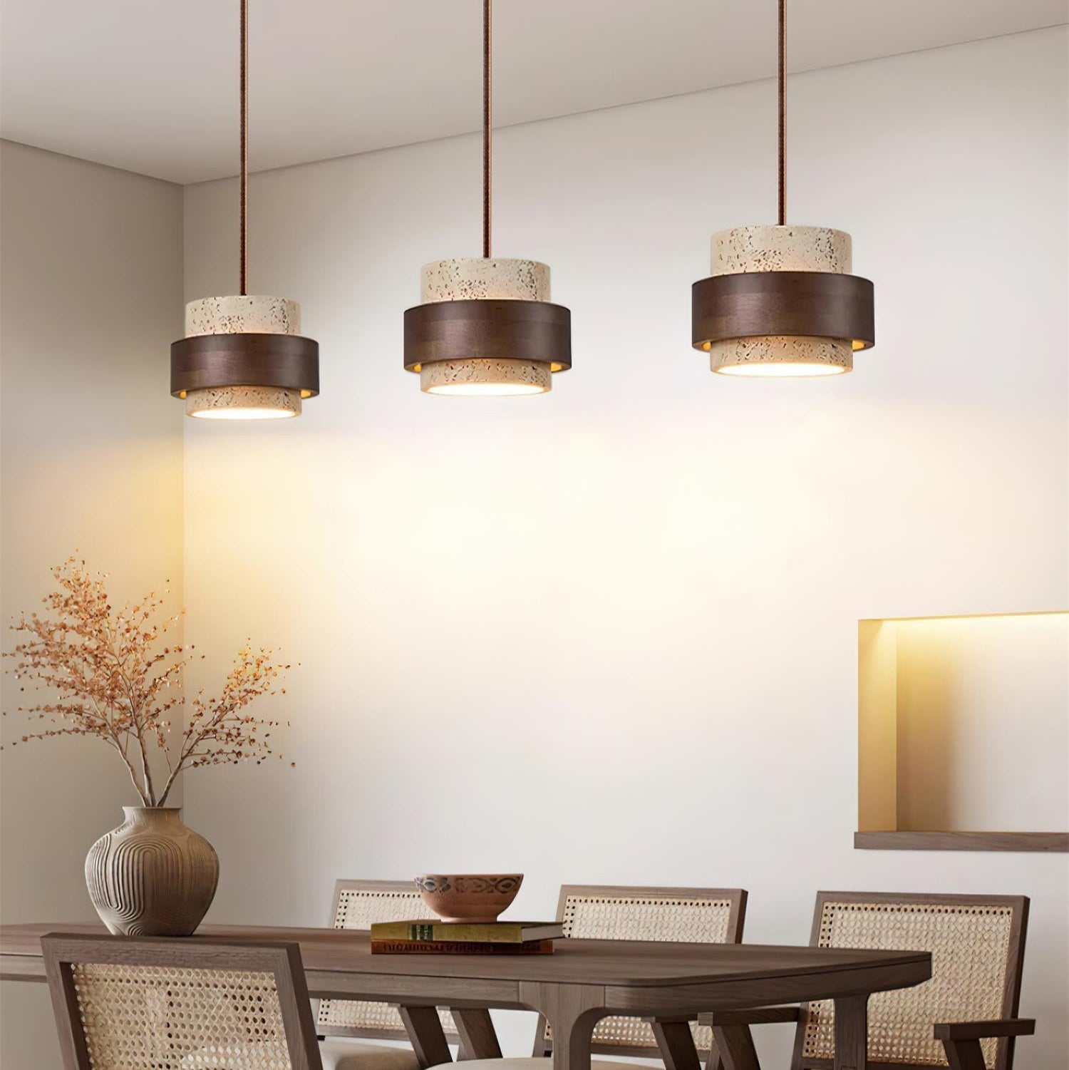 Travertine Pendant Light Fixture – Modern Stone & Walnut Wood Ceiling Light