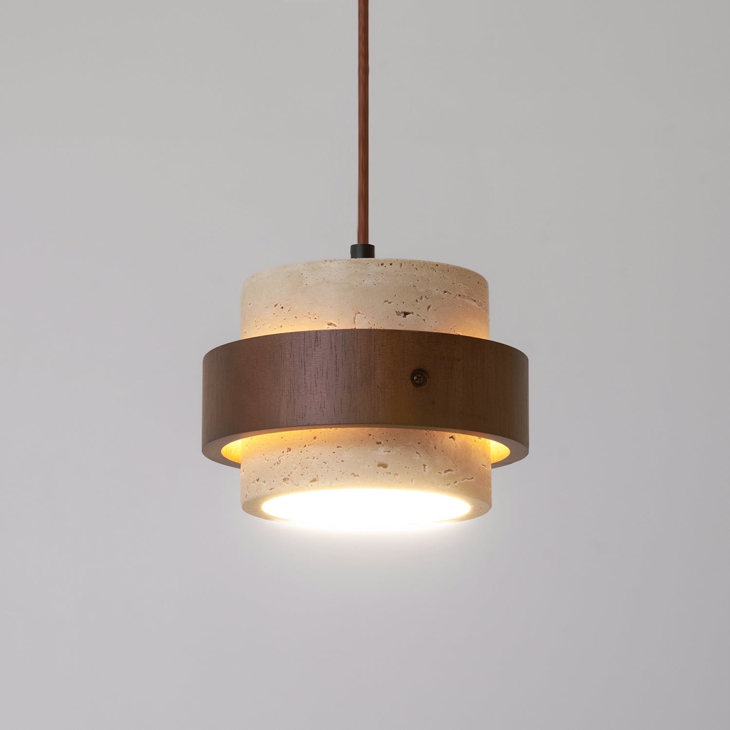 Travertine Pendant Light Fixture – Modern Stone & Walnut Wood Ceiling Light