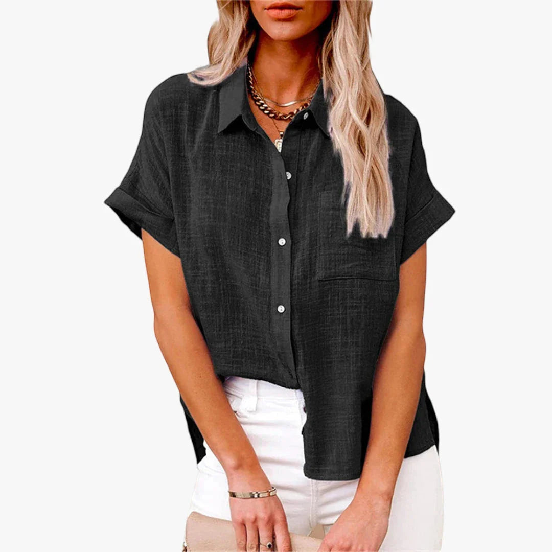 Collared Short-Sleeve Linen Summer Blouse