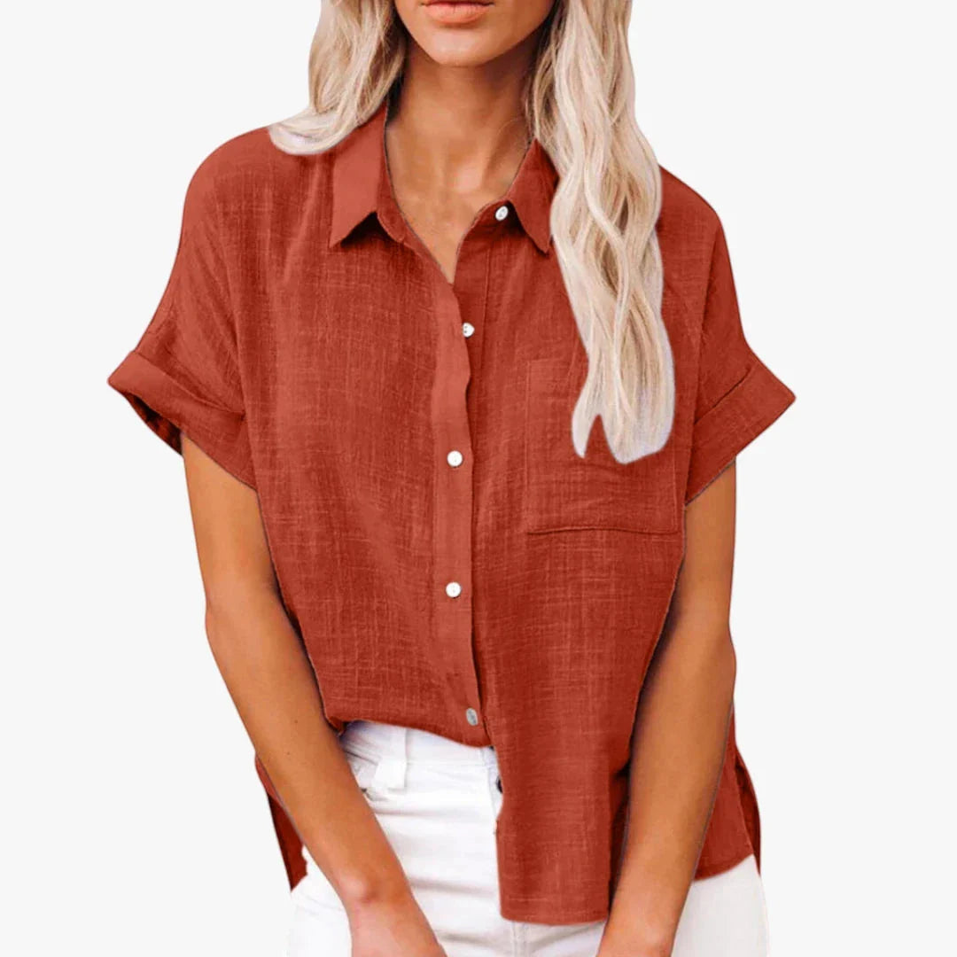 Collared Short-Sleeve Linen Summer Blouse