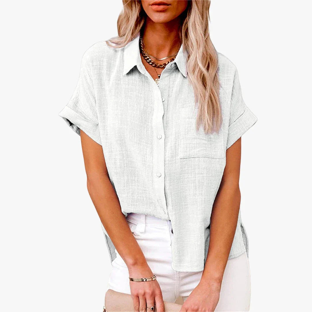 Collared Short-Sleeve Linen Summer Blouse