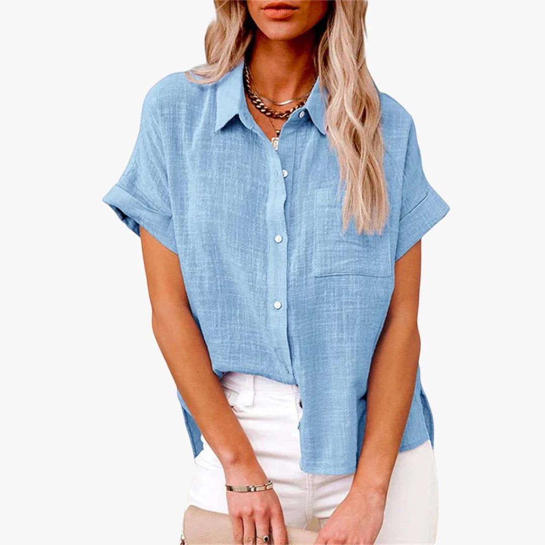 Collared Short-Sleeve Linen Summer Blouse