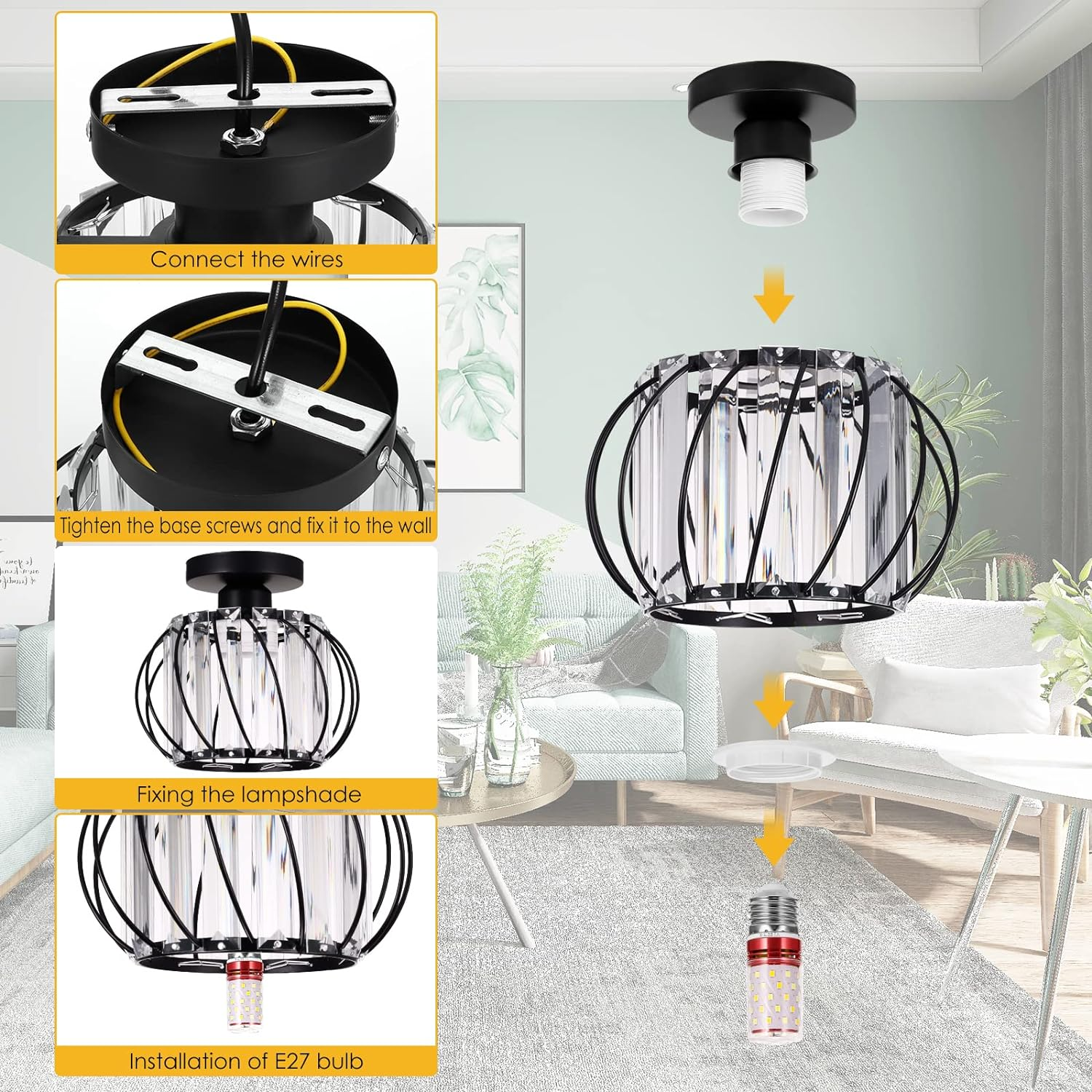 Semi-Flush Mount Ceiling Light Fixture – Modern Black Glass Ceiling Light