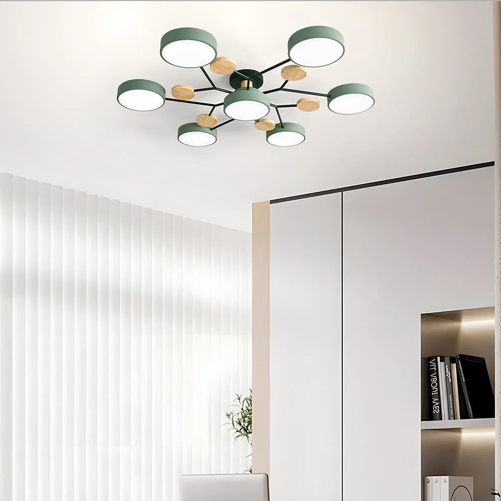 Modern LED Semi-Flush Mount Ceiling Light Fixture – Round Ceiling Light with Wood Accents