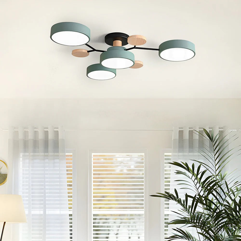 Modern LED Semi-Flush Mount Ceiling Light Fixture – Round Ceiling Light with Wood Accents