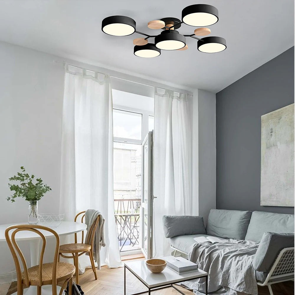 Modern LED Semi-Flush Mount Ceiling Light Fixture – Round Ceiling Light with Wood Accents